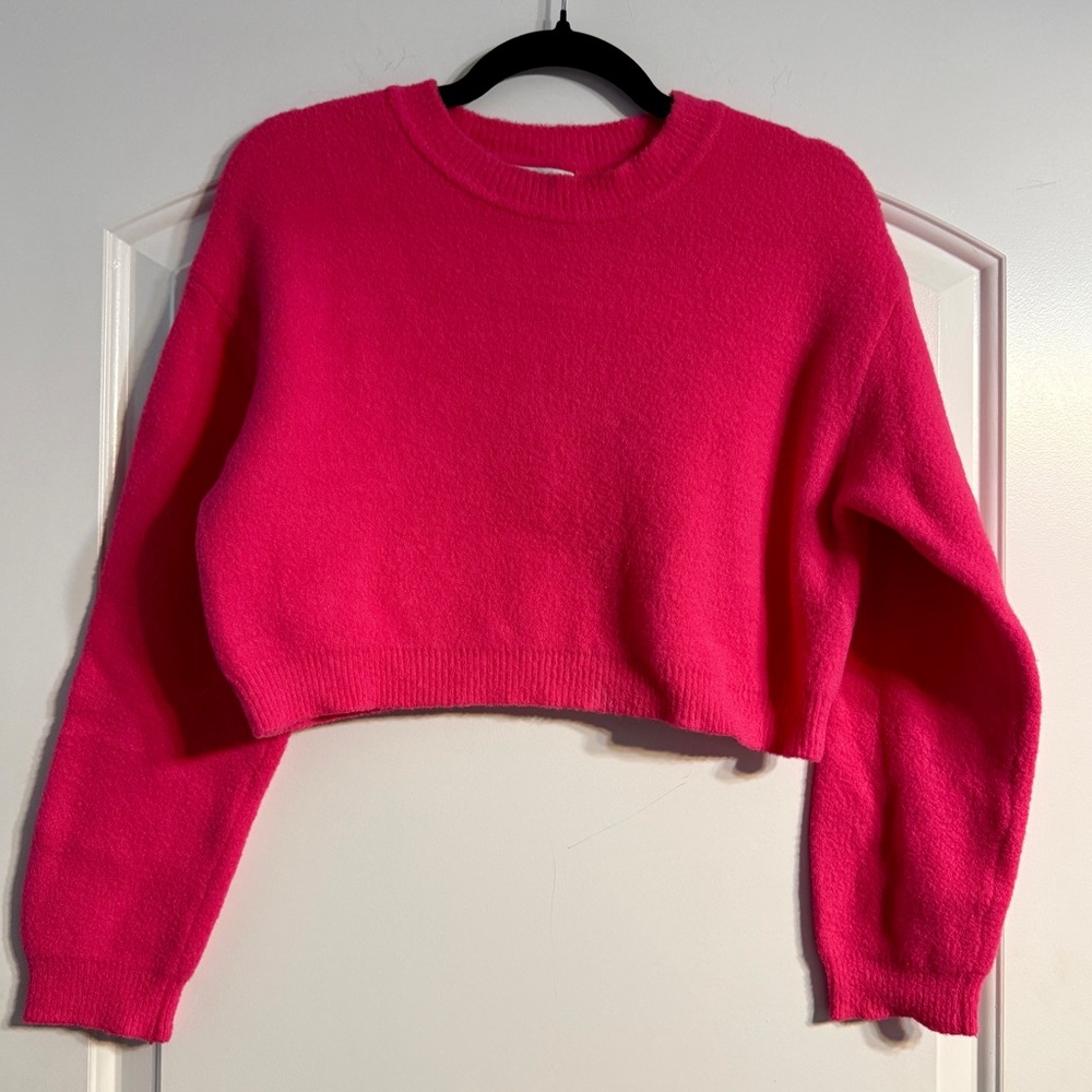 Zara‎ Cropped Sweater Small Hot Pink Crew Neck Knit Boxy Barbiecore Bold Bright